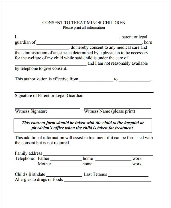 Free Printable Minor Medical Consent Form