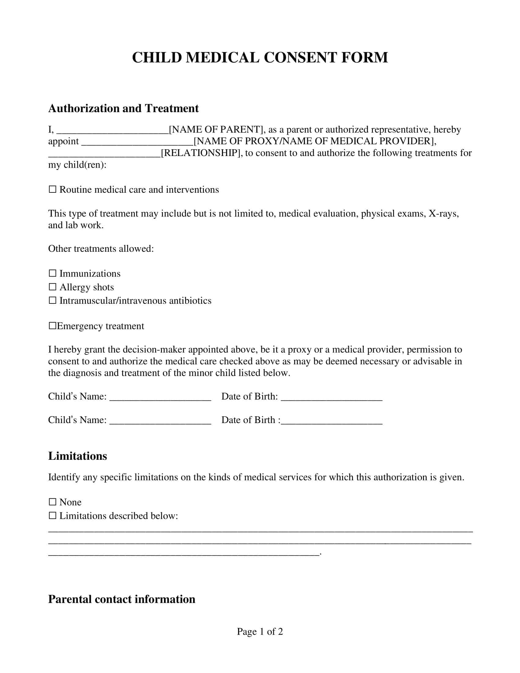 Free Printable Medical Consent Form Templates PDF Minor Grandparents