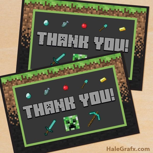 FREE Printable Minecraft Thank You Card Video Games Birthday Birthday 