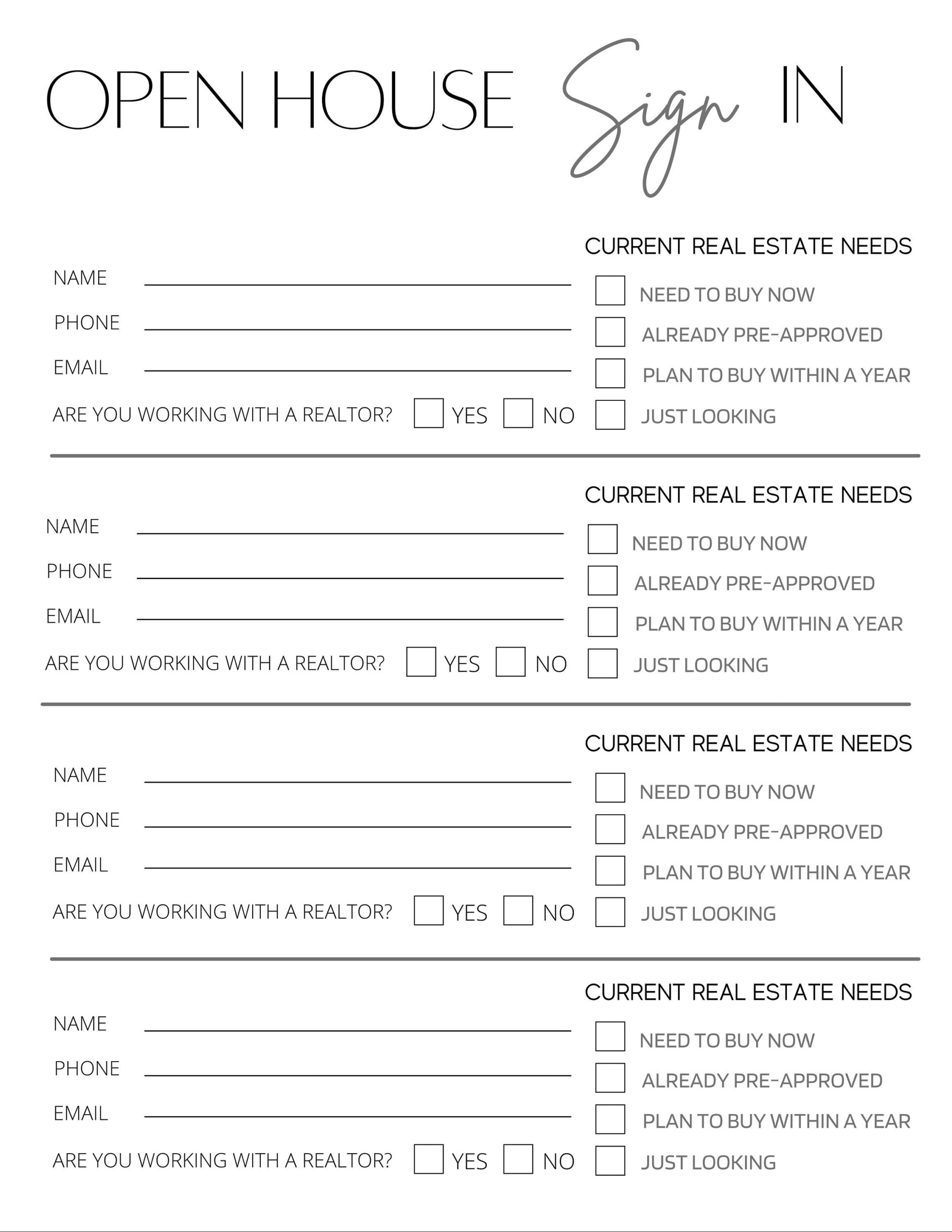 Free Printable Open House Sign In Sheet