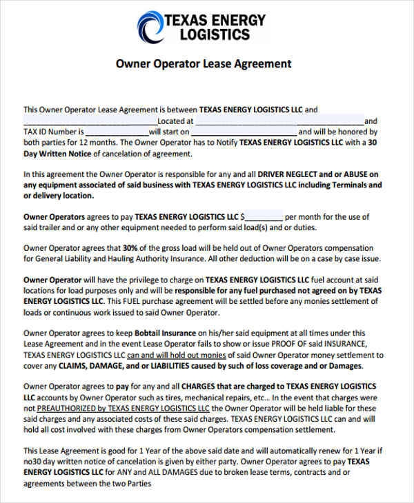 Free Printable Owner Operator Lease Agreement