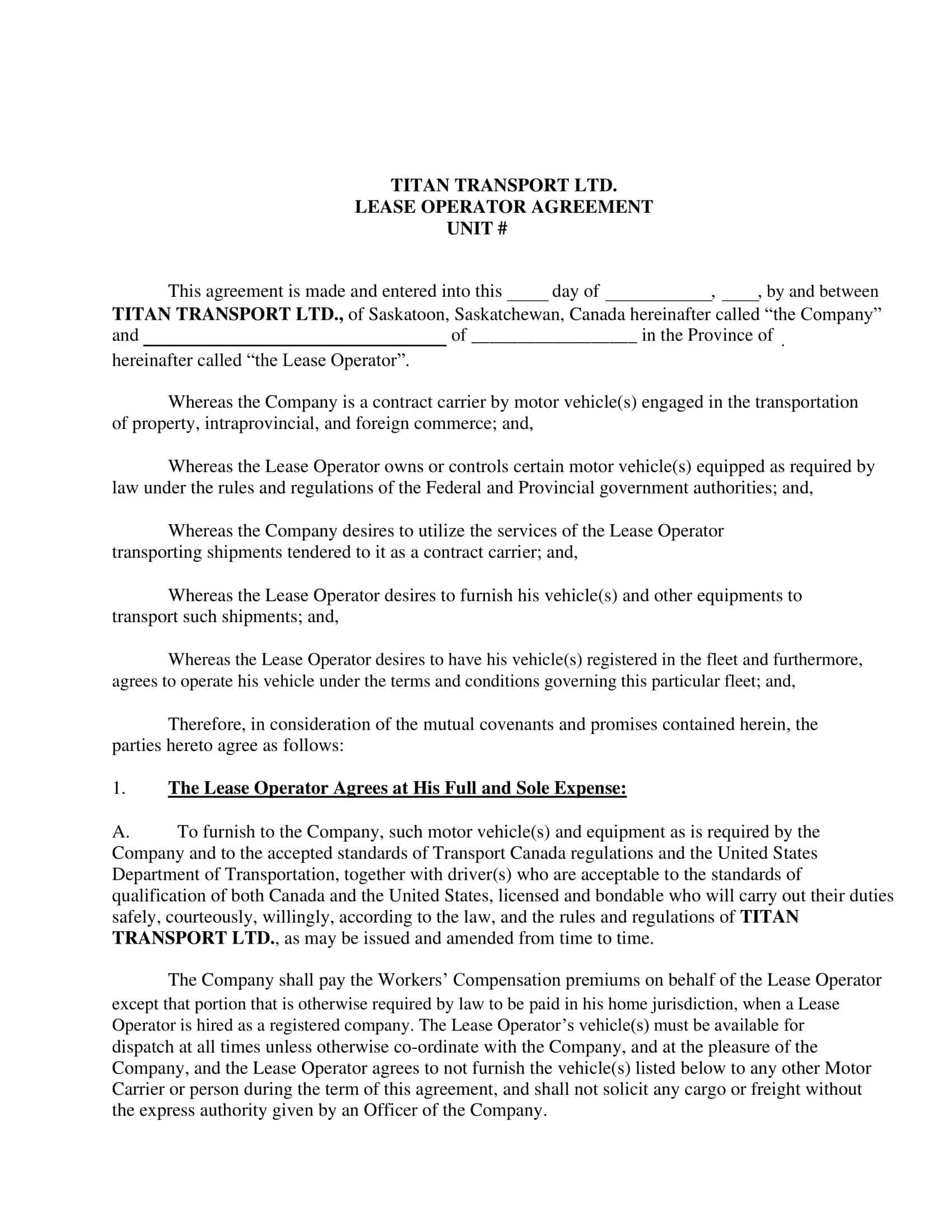 Free Printable Owner Operator Lease Agreement