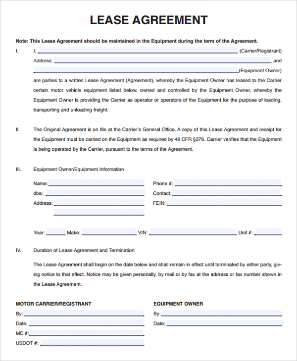 Free Printable Owner Operator Lease Agreement