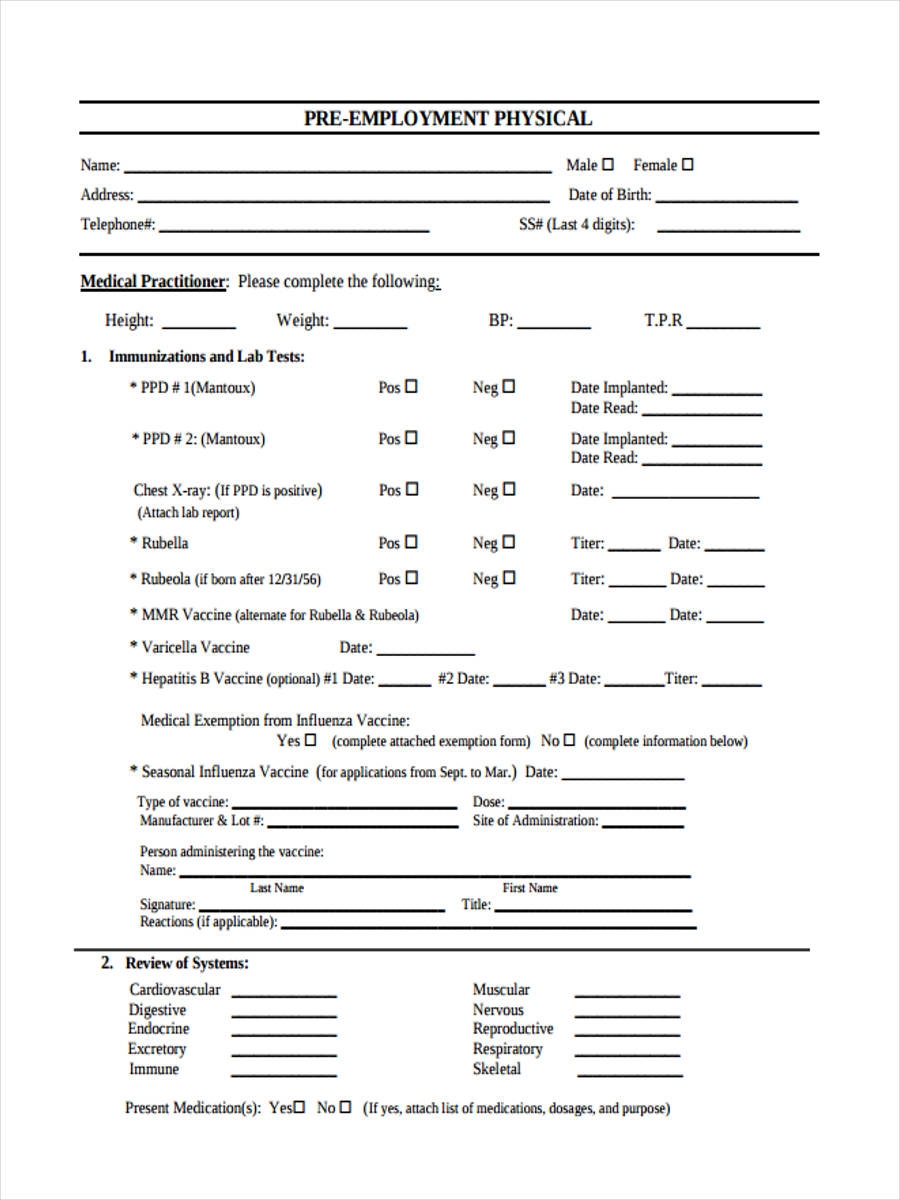 Free Printable Physical Form For Work