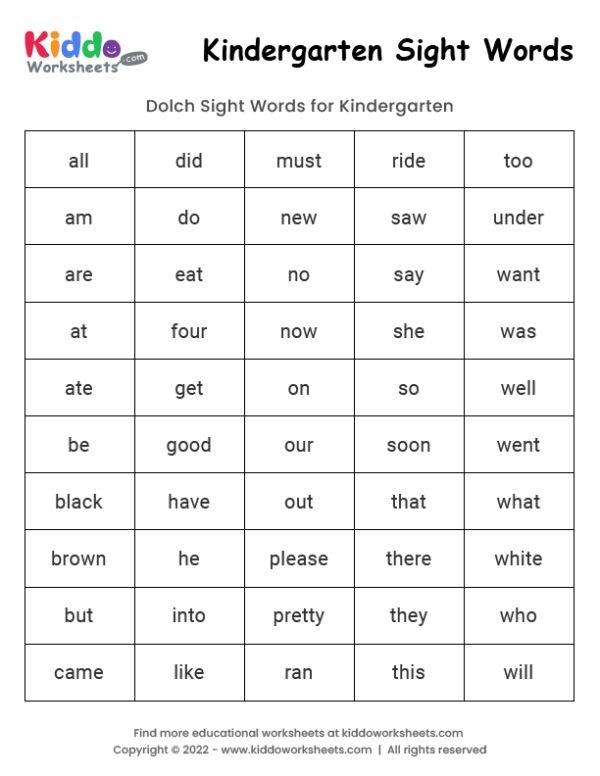 Free Printable Sight Words Kindergarten Worksheet Kiddoworksheets 