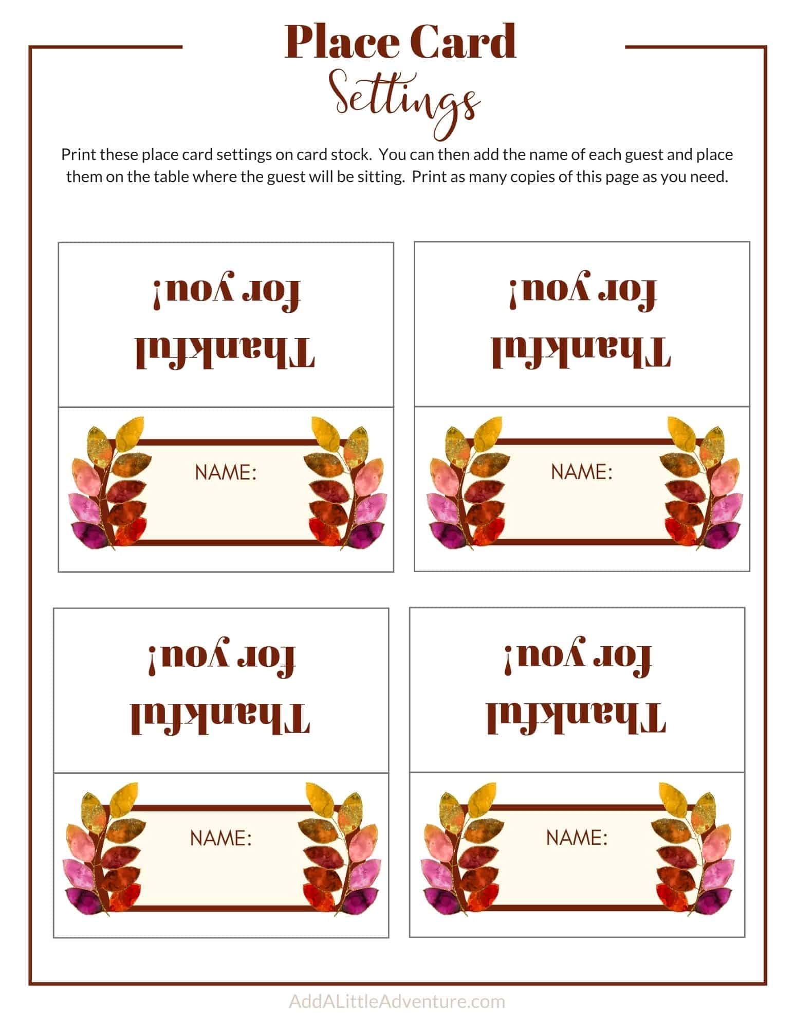 Free Printable Thanksgiving Name Place Cards