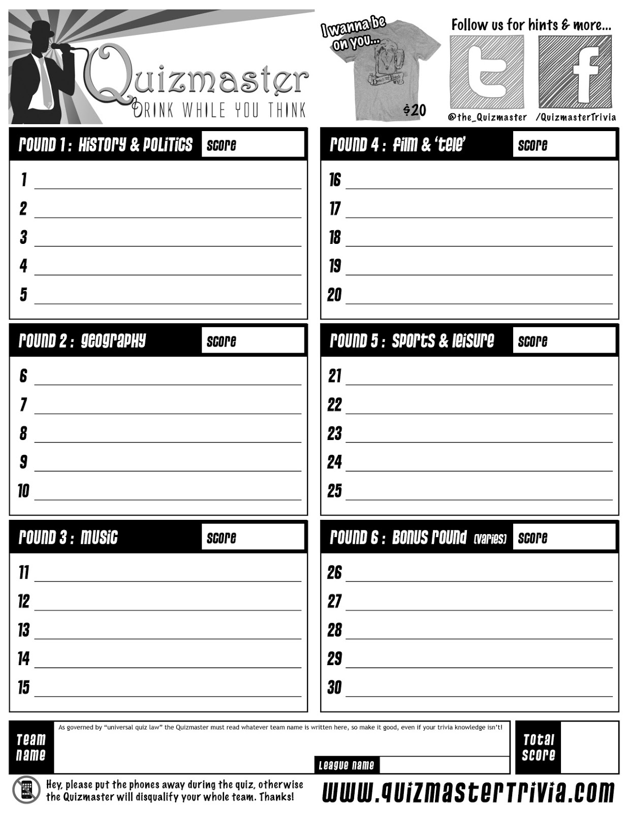 Free Printable Trivia Answer Sheet Quiz Answer Sheet 8 Rounds Of 10 