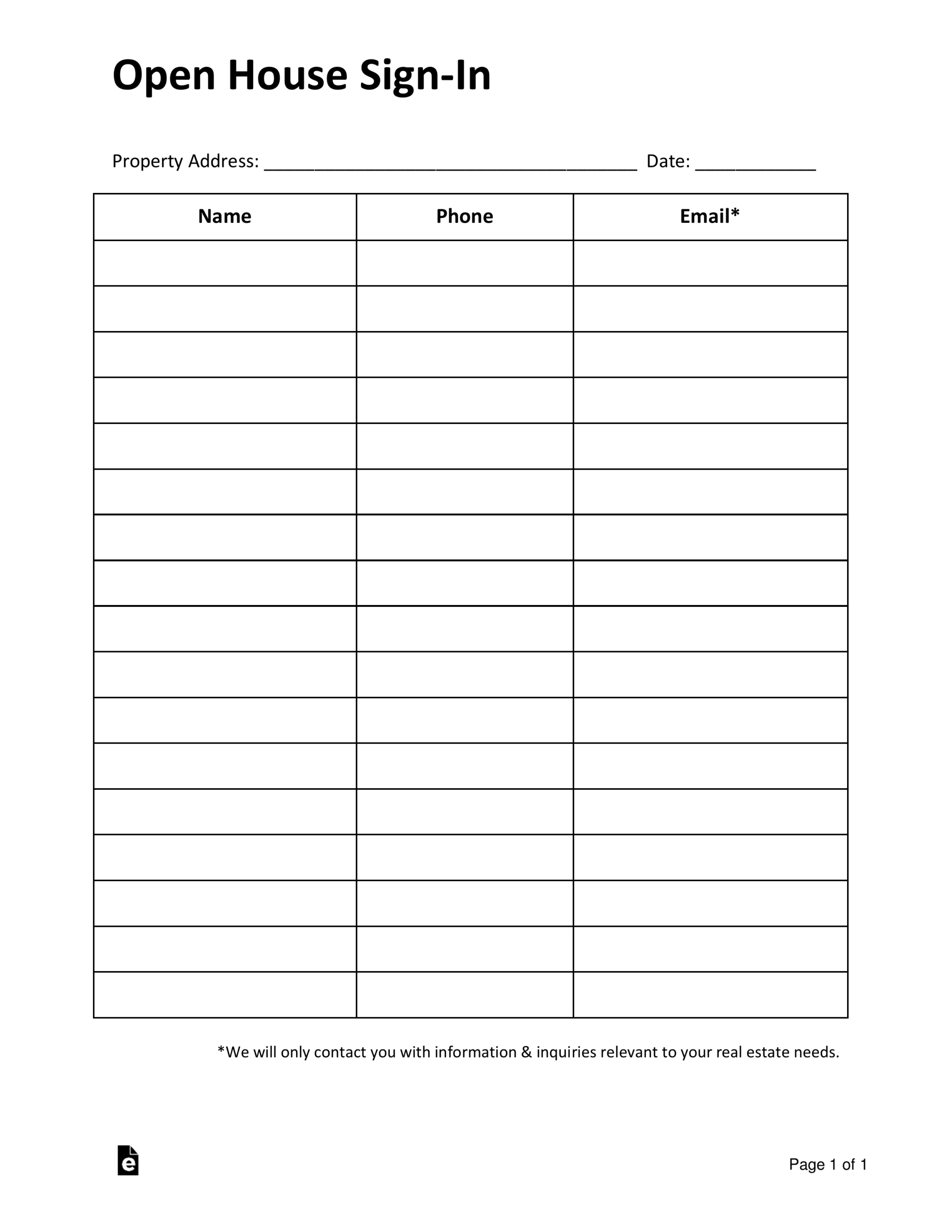 Open House Sign In Sheet Free Printable