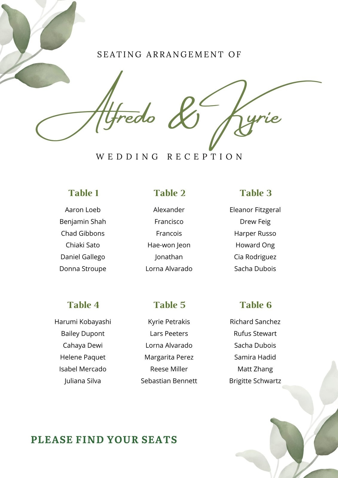 Free Printable Wedding Seating Chart Template