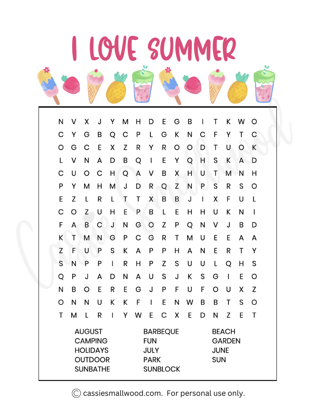 Hard Summer Word Search Printable Free