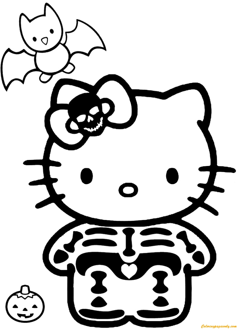 Hello Kitty Halloween Skeleton Coloring Page Free Printable Coloring 