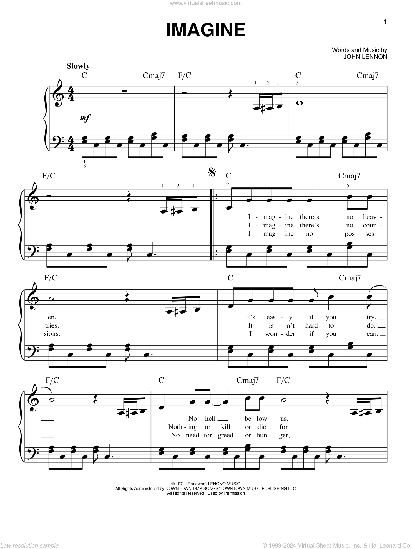 Imagine Sheet Music easy Version 2 For Piano Solo PDF 