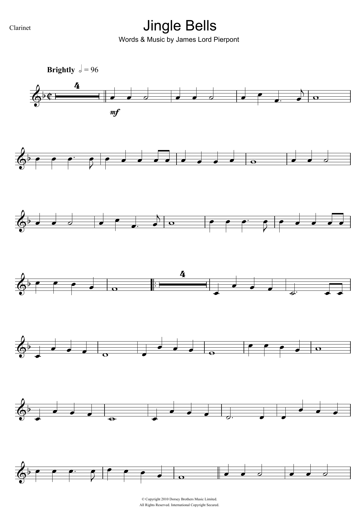 Jingle Bells Clarinet Solo Print Sheet Music Now