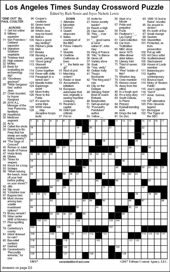 La Times Crossword Jan 6 2025 Scott M Reed