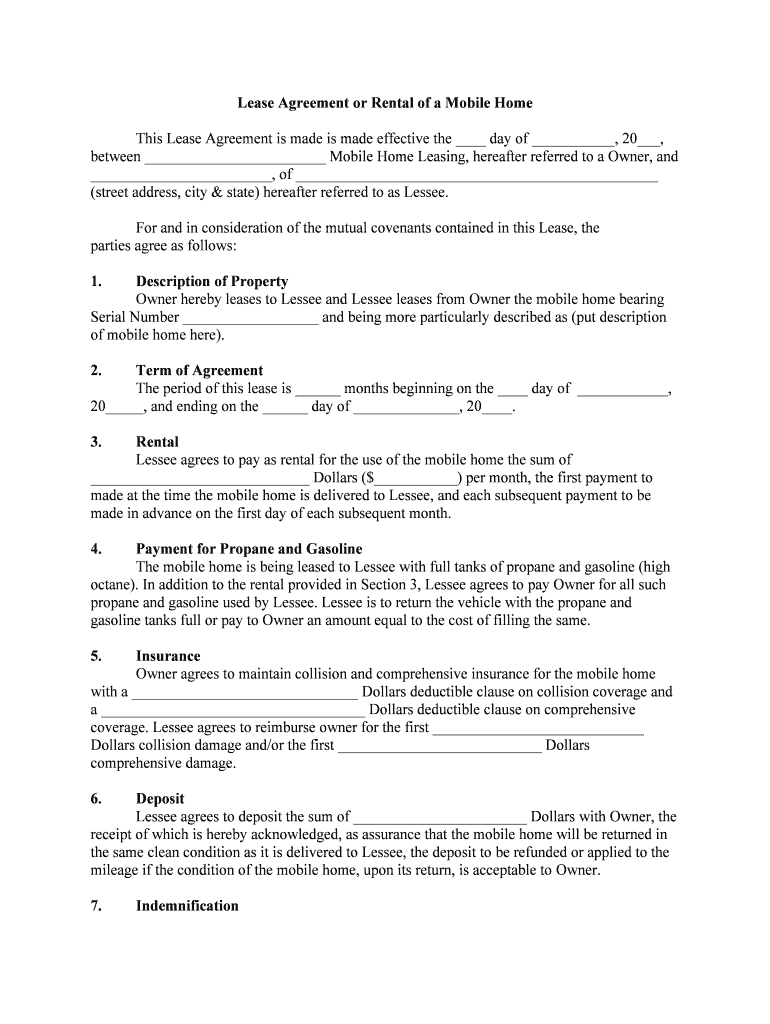 Lease Agreement Or Rental Of A Mobile Home Form Fill Out And Sign 