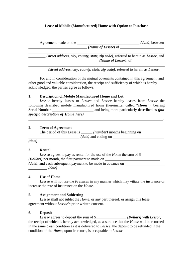 Free Printable Mobile Home Rental Agreement