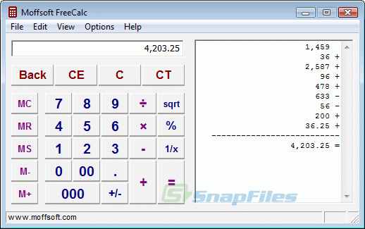 Moffsoft FreeCalc Calculator With Tape Display