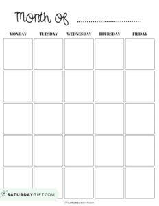 Monday Through Friday Monthly Calendar Valma Martica