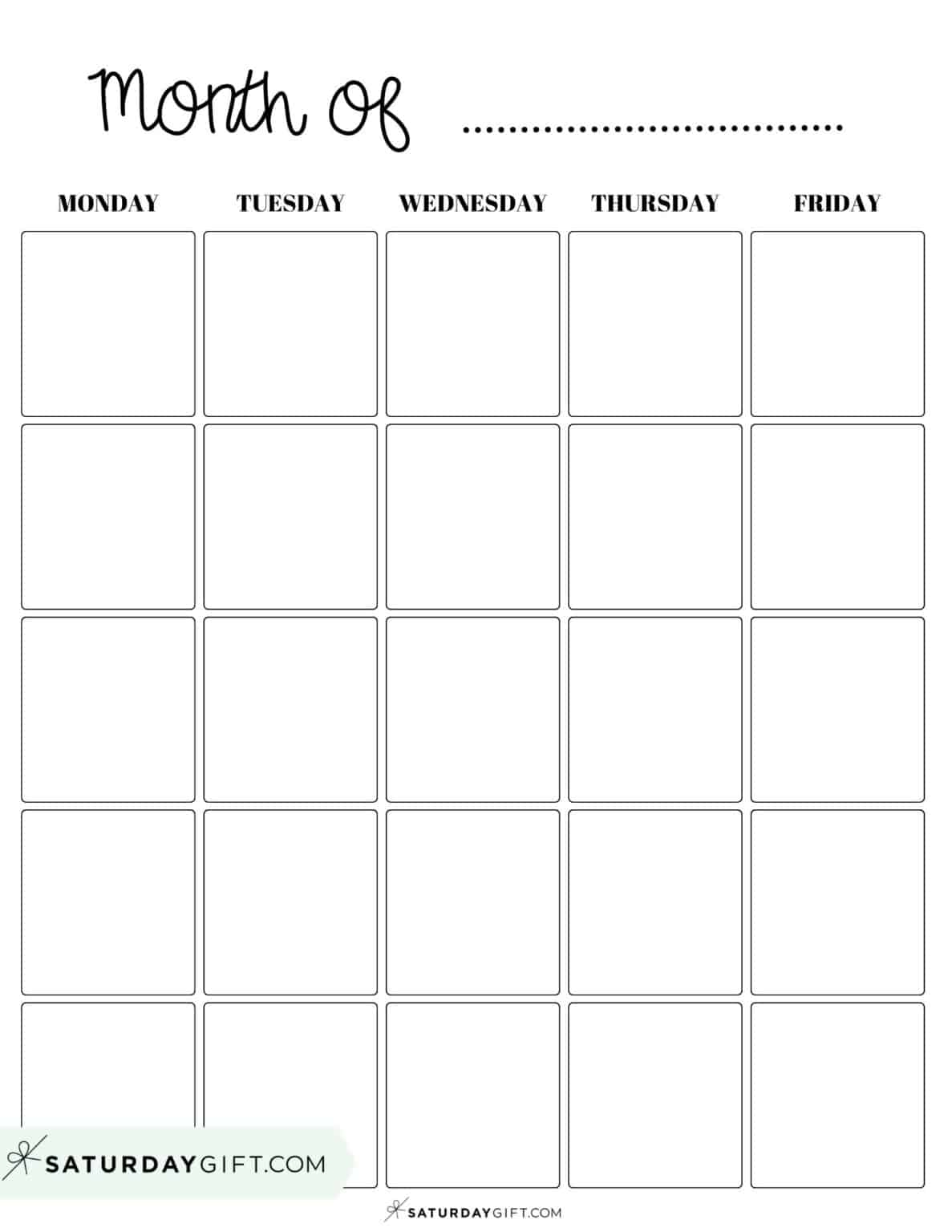 Monday Through Friday Monthly Calendar Valma Martica