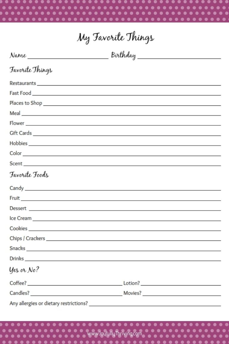 My Favorite Things List Free Printable