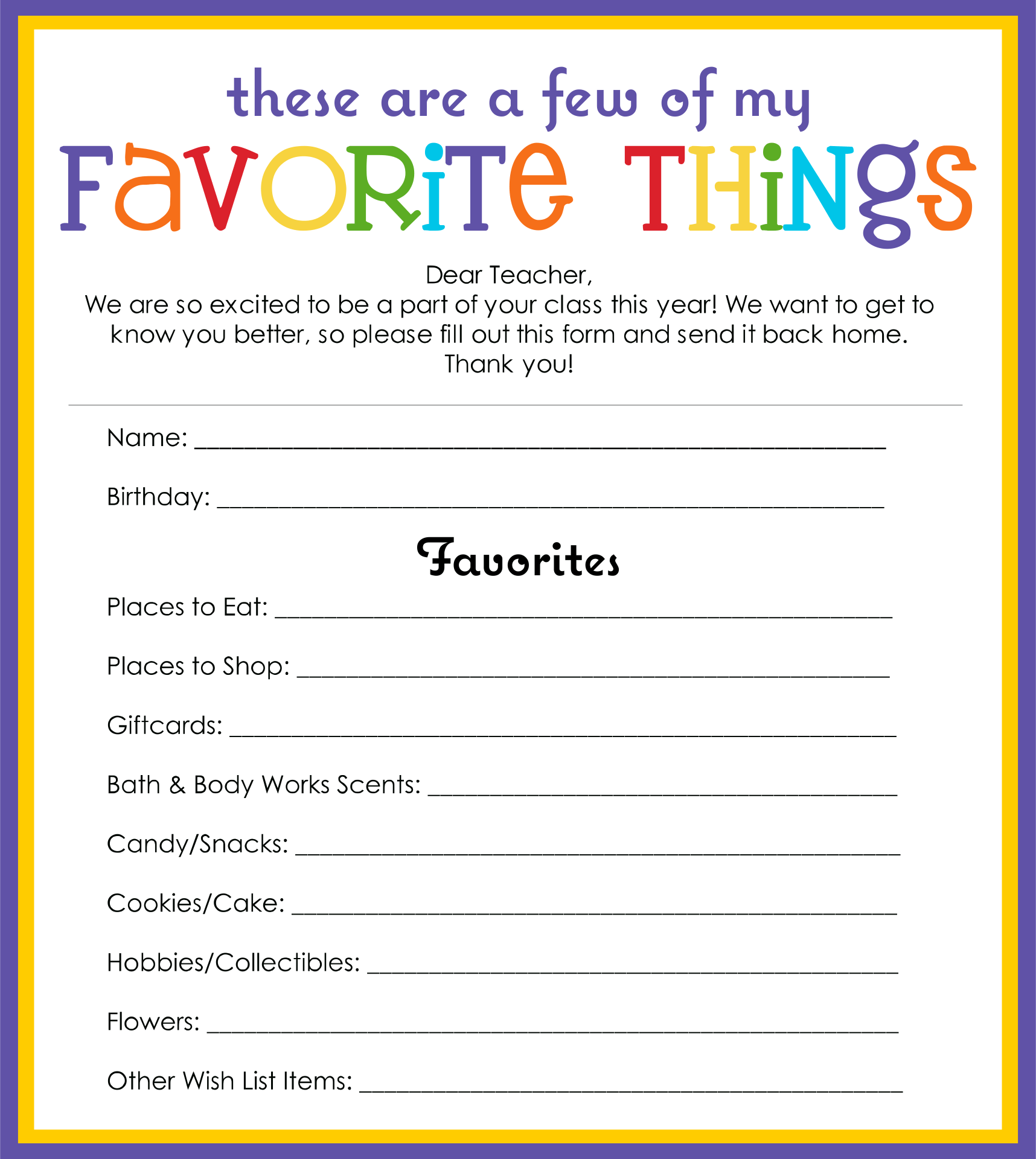 My Favorite Things List Free Printable