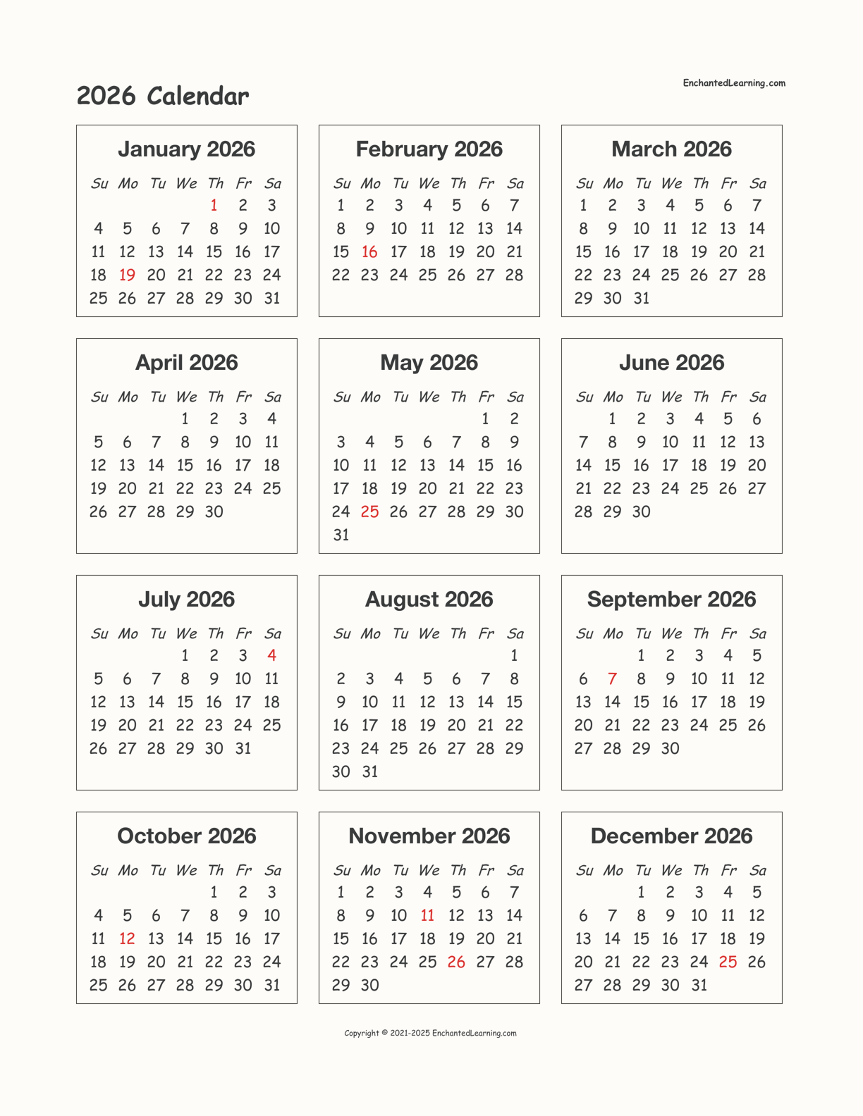 Printable 2026 Calendar