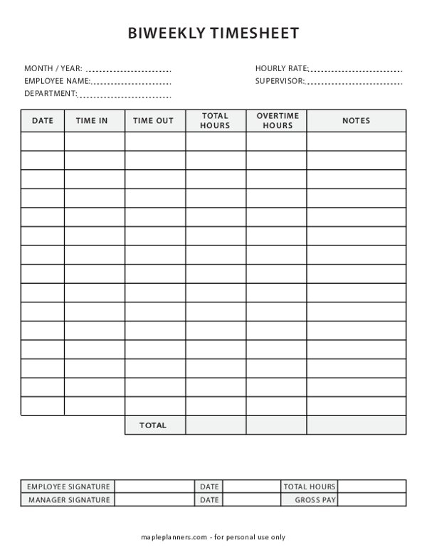 Printable Biweekly Timesheet Printable Free Templates