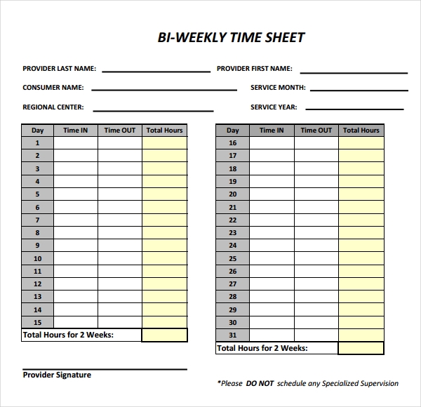 Printable Biweekly Timesheet
