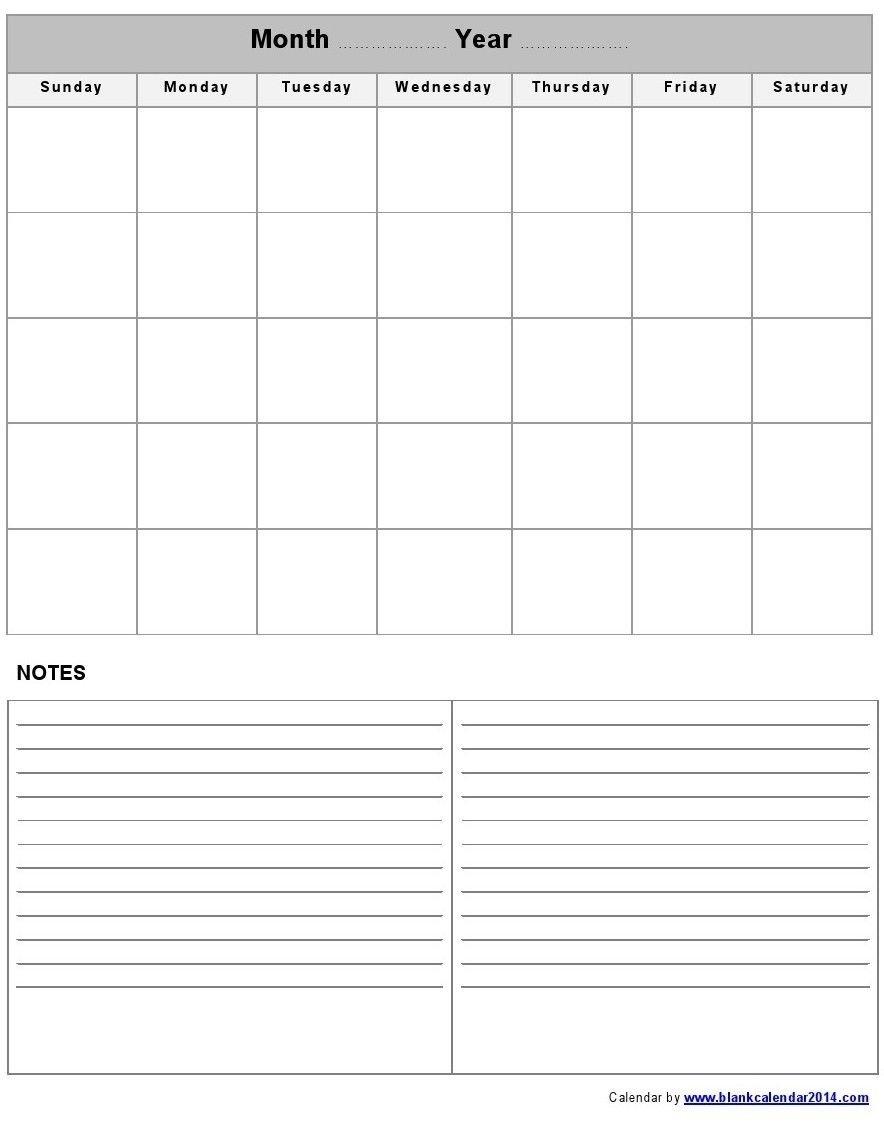 Printable Blank Monthly Calendar With Notes Free By 123freevectors On 