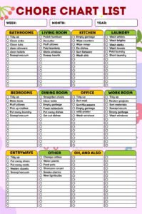 Printable Chore Chart List For Adults Chore Schedule Chore Checklist