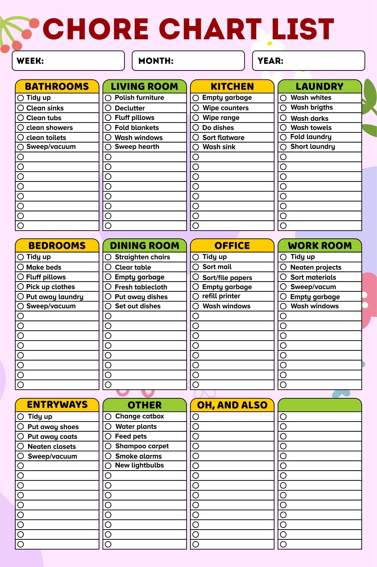 Printable Chore Chart List For Adults Chore Schedule Chore Checklist 
