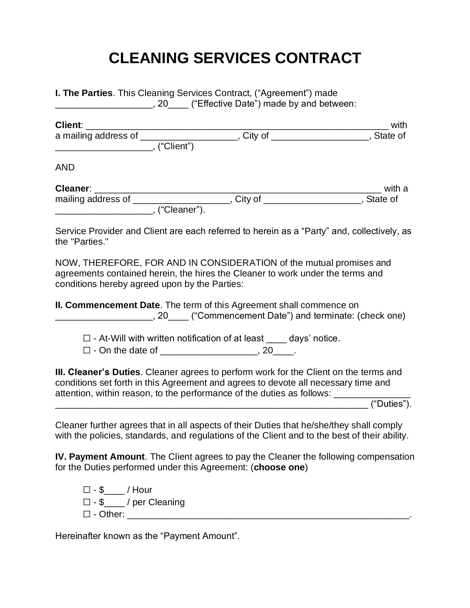 Printable Cleaning Contract Template