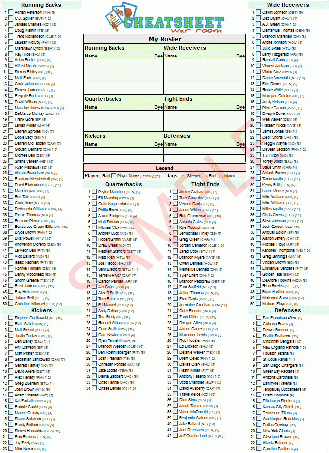Free Printable Fantasy Football Cheat Sheet
