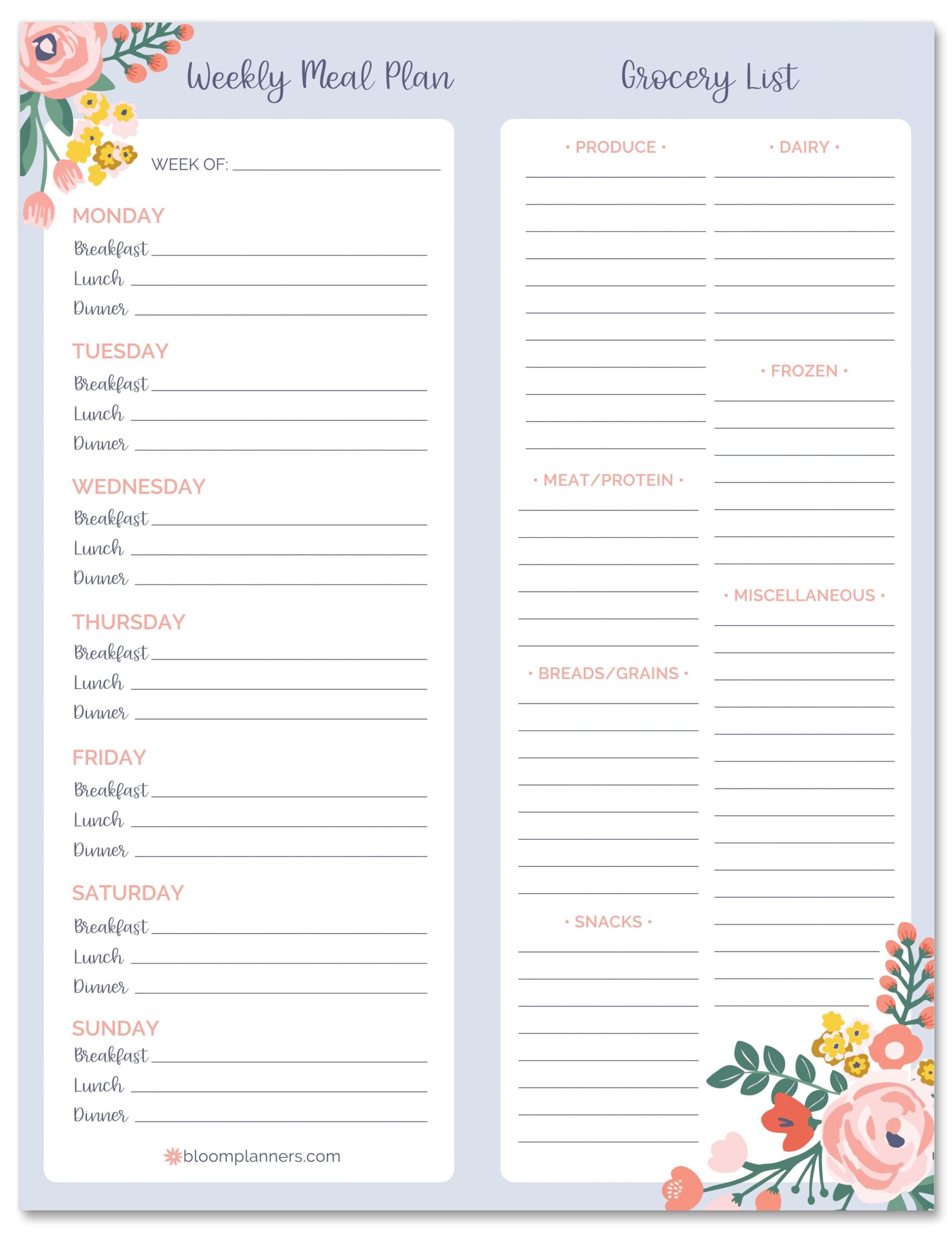 Printable Grocery List And Meal Planner