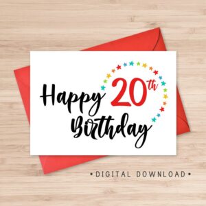 Printable Happy 20th Birthday Card Instant Download PDF Etsy