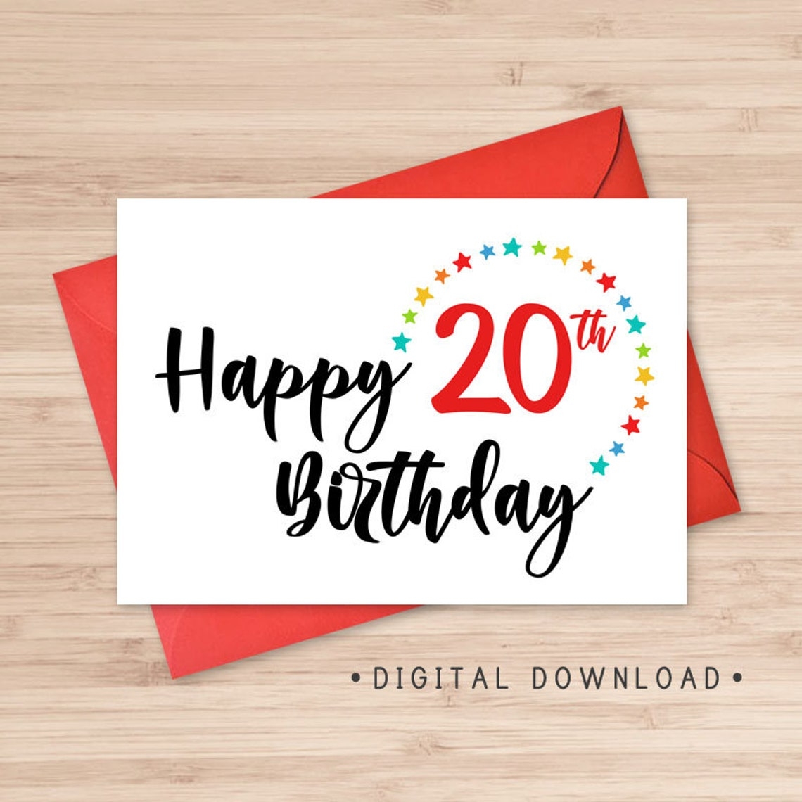 Printable Happy 20th Birthday Card Instant Download PDF Etsy