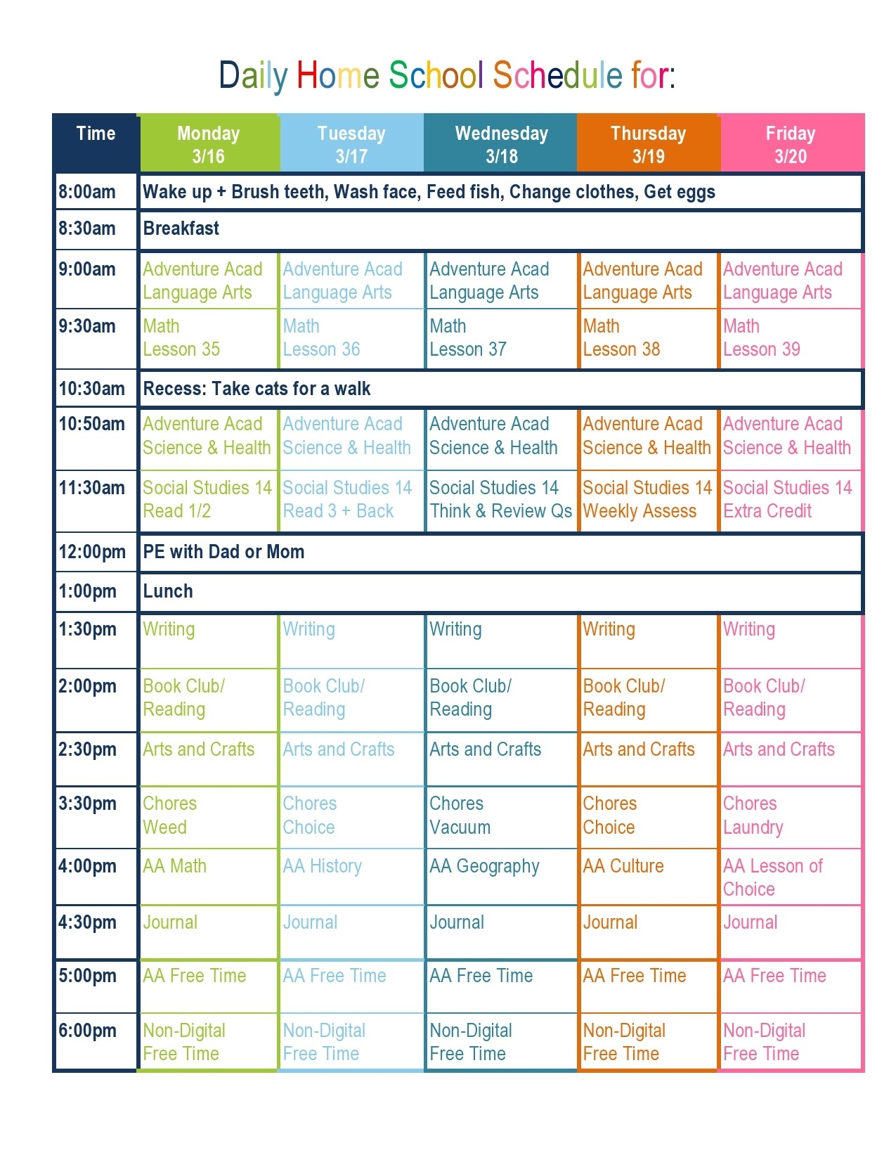 Free Printable Homeschool Daily Schedule Template