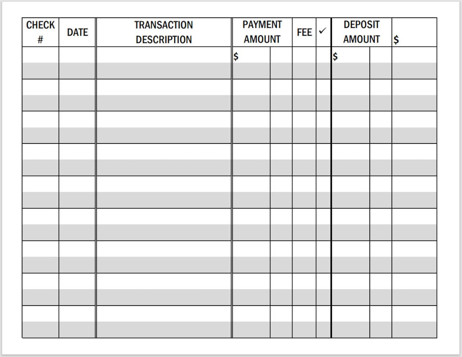 Printable LARGE PRINT Checkbook Register PDF File Prints Landscape On 