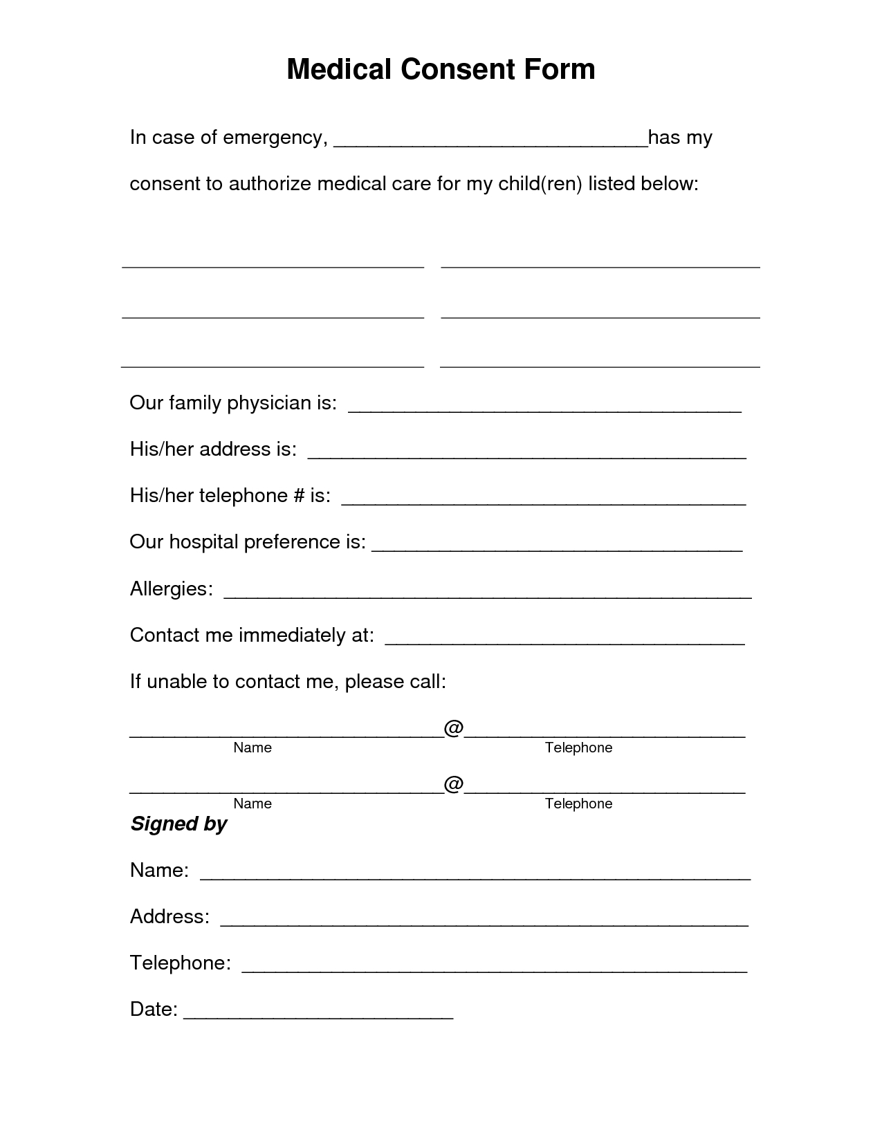 Printable Medical Consent Form For Minor