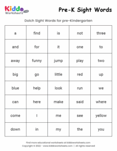 Printable Pre K Sight Words