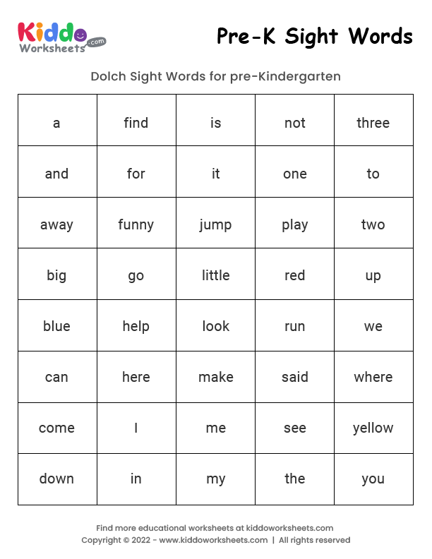Printable Pre K Sight Words