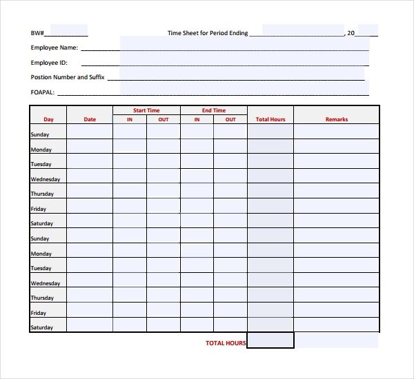 Printable Bi Weekly Time Sheets Free