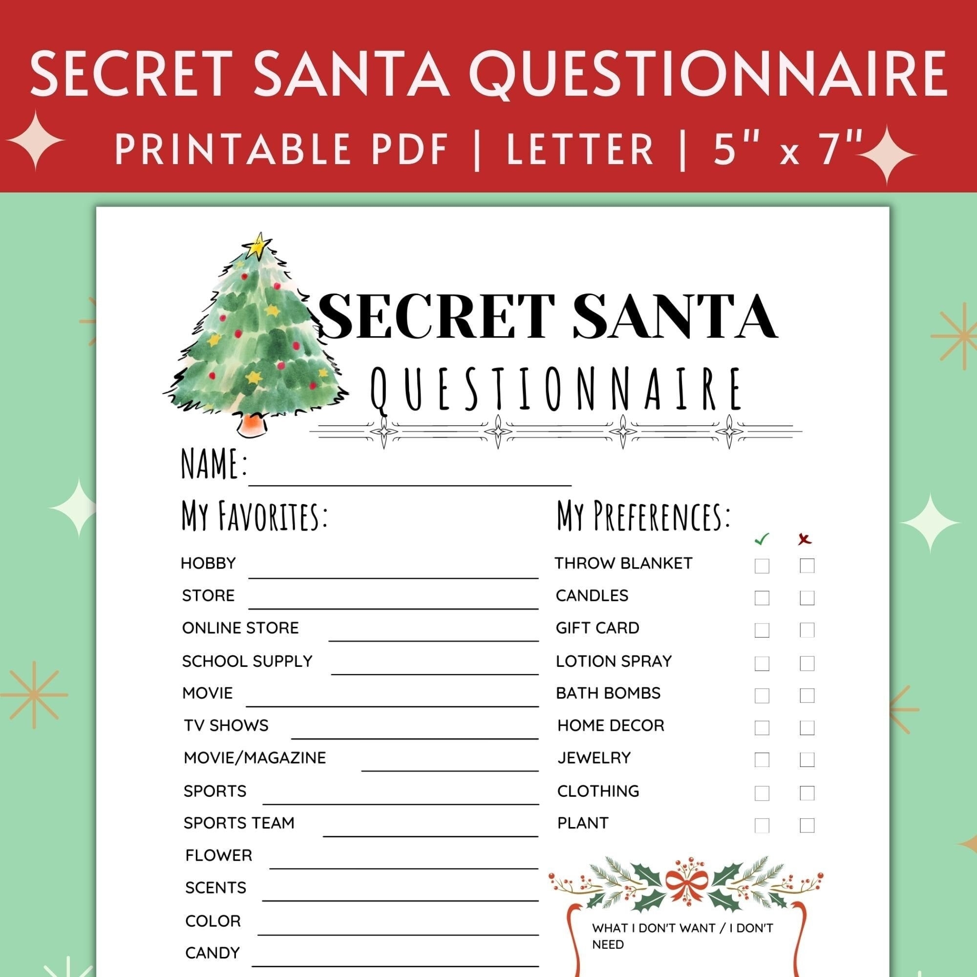 Printable Free Printable Secret Santa Questionnaire