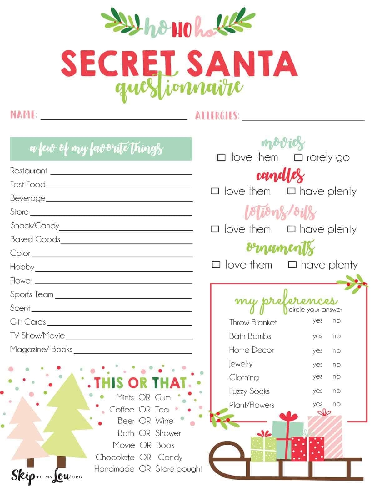 Secret Santa Questions Template Printable Printables Template Free
