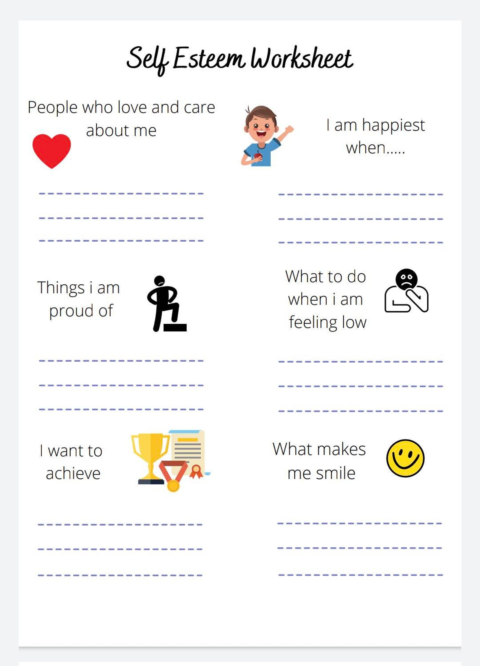 Self Esteem Gratitude Worksheet Children Mental Health Etsy