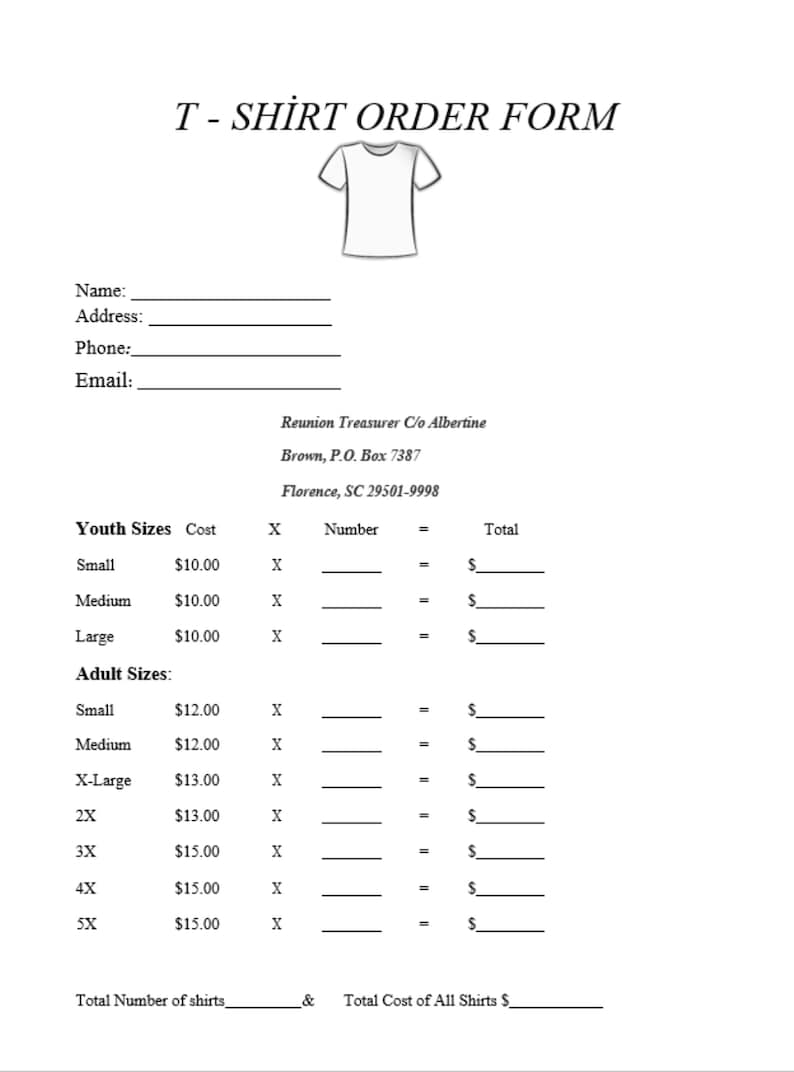 Printable T Shirt Order Form Template Free