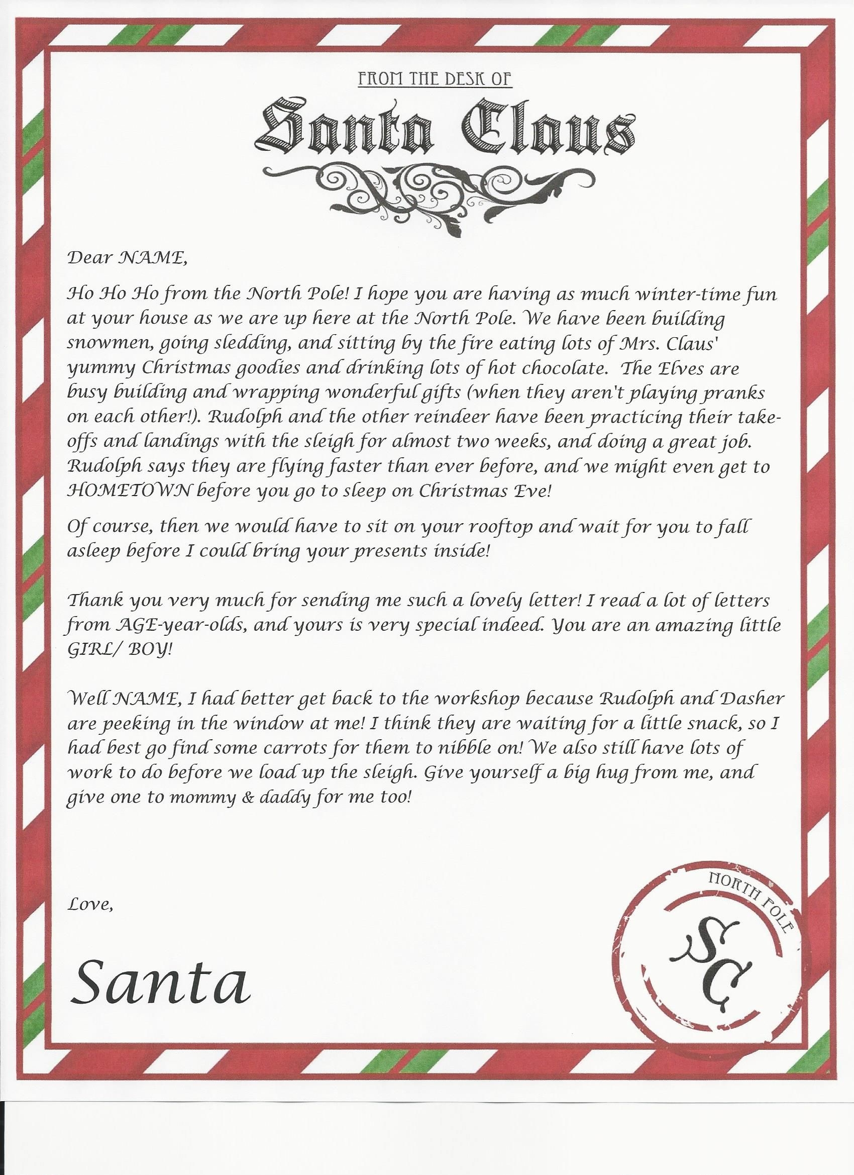 Template Word Free Printable Letter From Santa North Pole Personalize A 