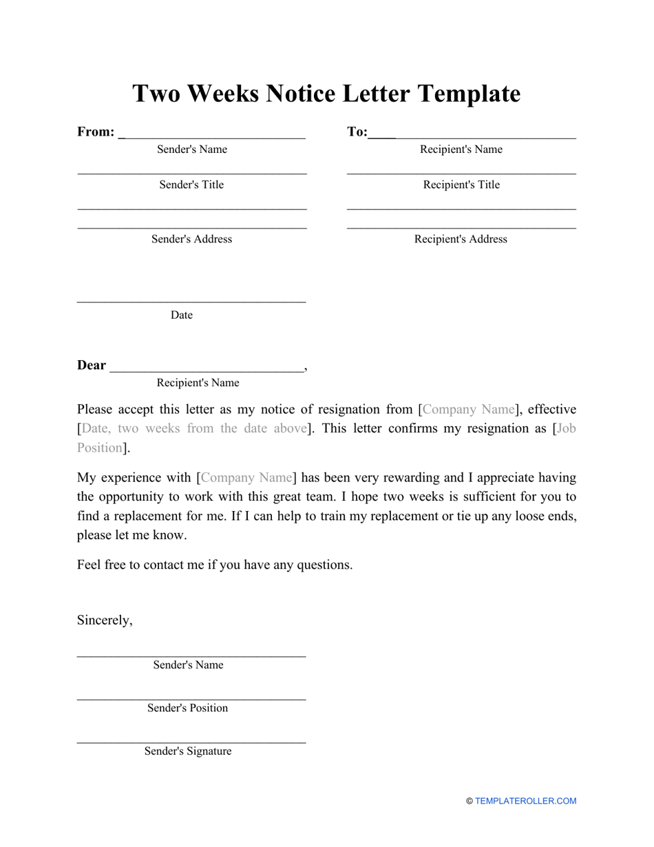Two Weeks Notice Letter Template Free