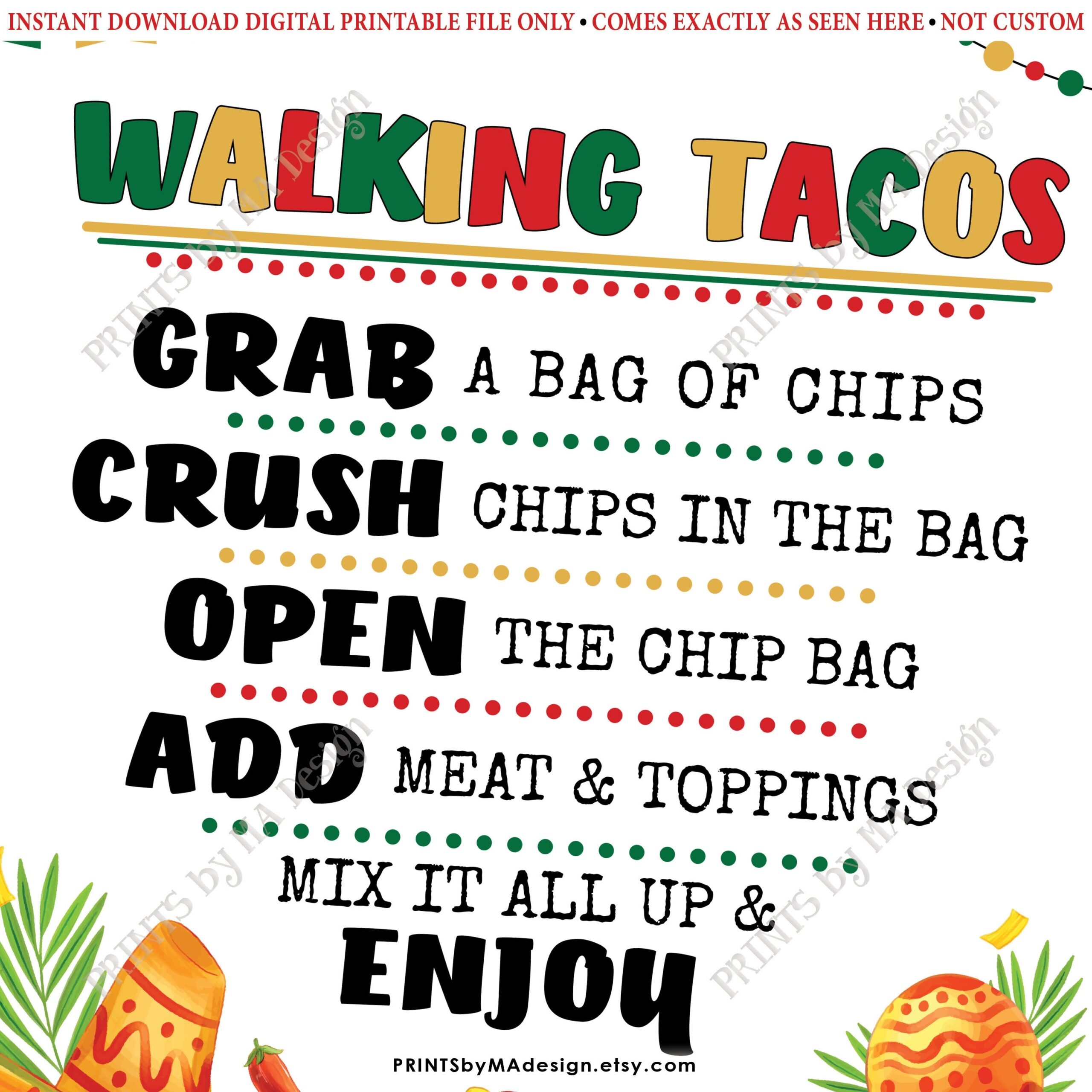 Walking Tacos Sign Taco Bar Display Cinco De Mayo Mexican Fiesta Menu 