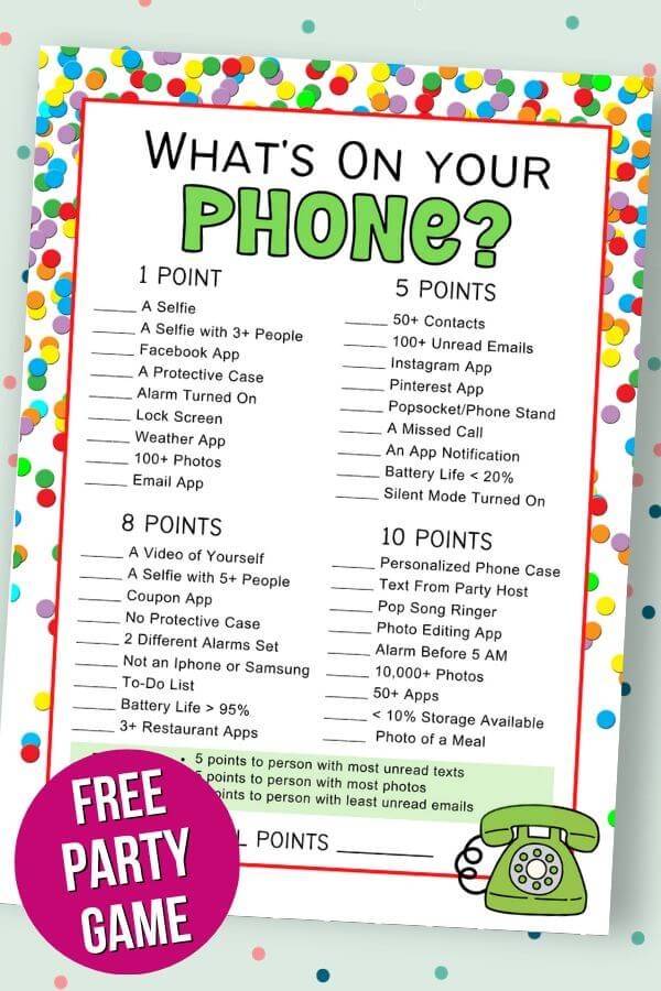 What 39 s On Your Phone Free Printable Party Game The Savvy Sparrow